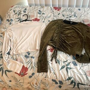 Cream and sparkly green tops